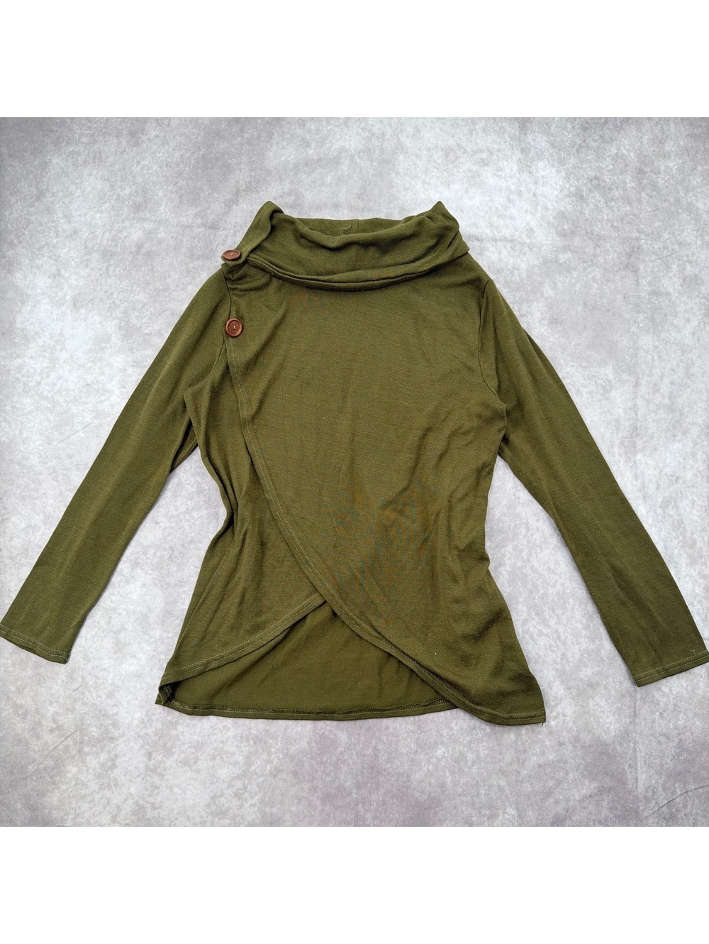 Vintage Olive Green Cowl Neck Asymmetrical Wrap Button Top Size Large Y2K